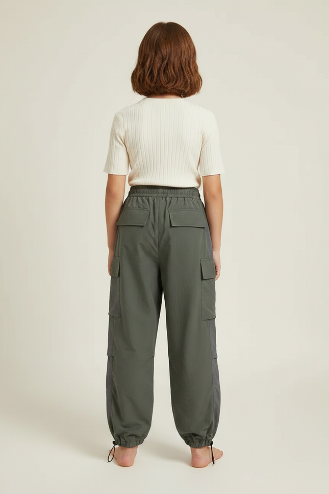 Pantalon Parachute Kaki Cargo Ample Décontracté Enfant - Polyester - vue 2