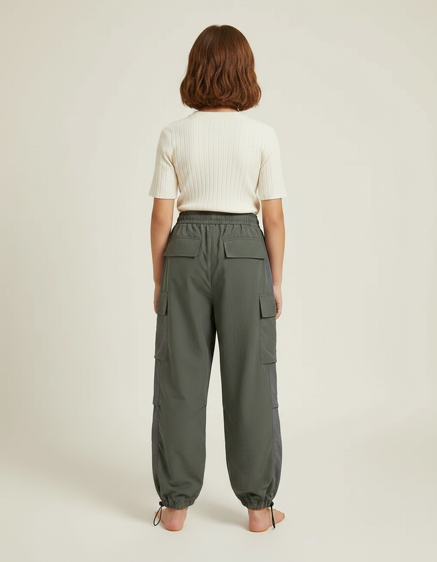 Pantalon Parachute Kaki Cargo Ample Décontracté Enfant - Polyester - vue 2