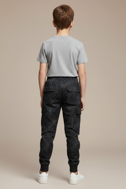 Pantalon Parachute Cargo Camouflage Noir Cordon Enfant - Toile - vue 2
