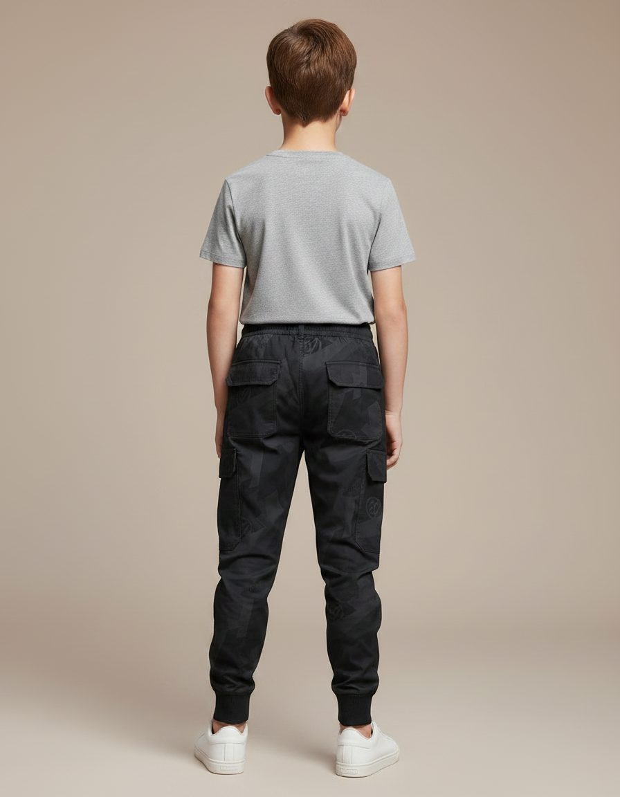 Pantalon Parachute Cargo Camouflage Noir Cordon Enfant - Toile - vue 2