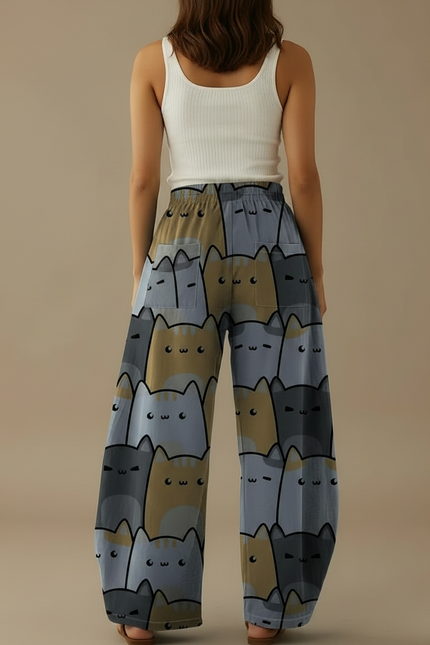Pantalon Parachute Ample Imprimé Chats Décontracté Poches - Viscose - vue 2