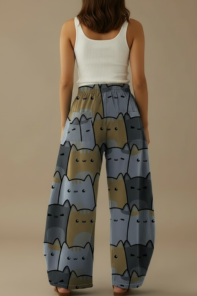 Pantalon Parachute Ample Imprimé Chats Décontracté Poches - Viscose - vue 2