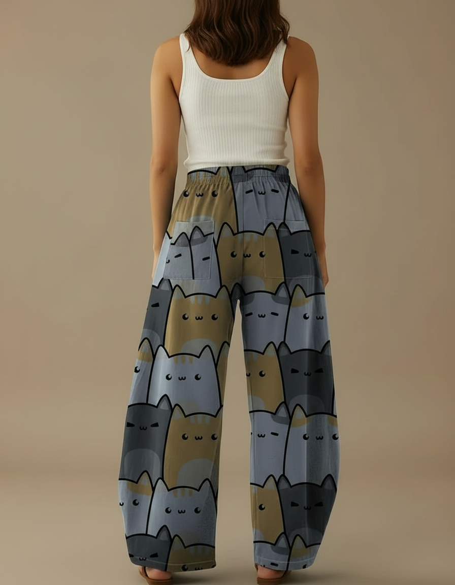 Pantalon Parachute Ample Imprimé Chats Décontracté Poches - Viscose - vue 2