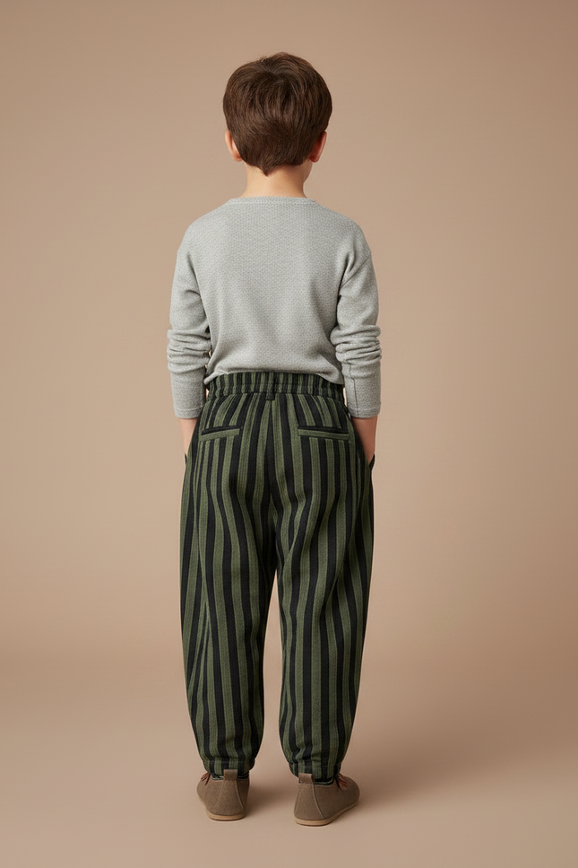 Pantalon Parachute Rayé Vert Noir Ample Enfant Tendance - Multicolore Cordé - vue 2