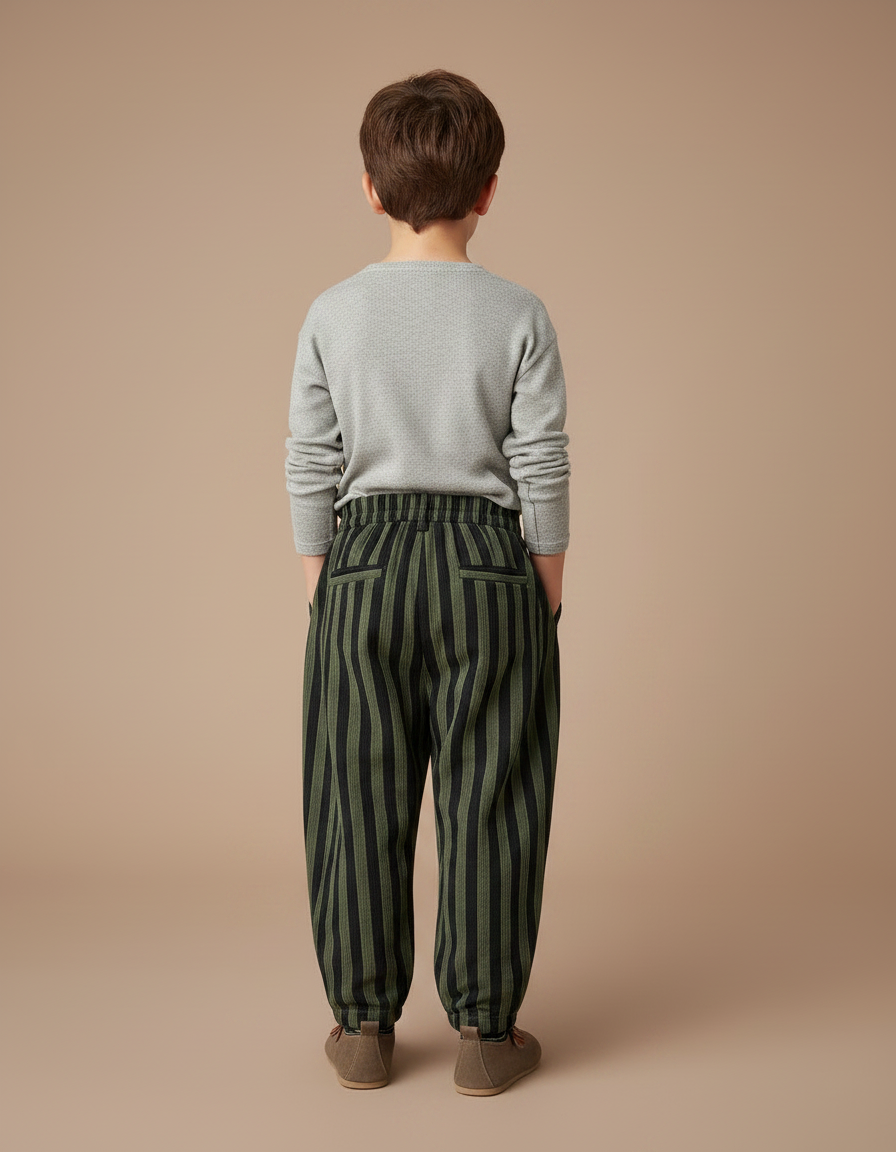 Pantalon Parachute Rayé Vert Noir Ample Enfant Tendance - Multicolore Cordé - vue 2
