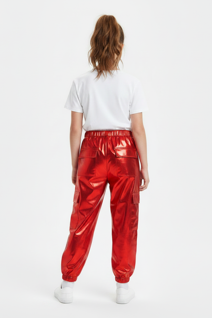 Pantalon Parachute Rouge Métallisé Cargo Brillant Enfant - Polyester - vue 2