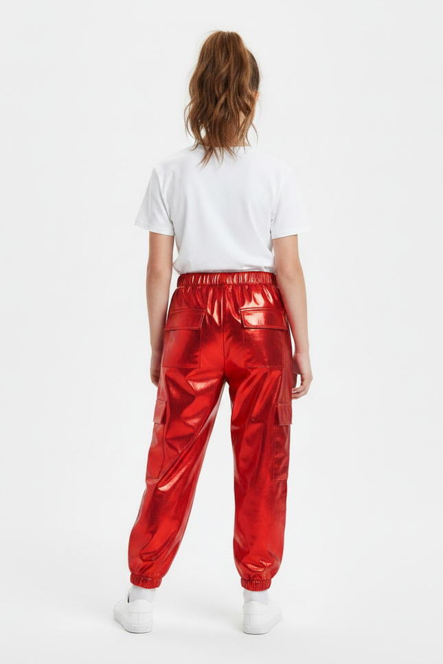 Pantalon Parachute Rouge Métallisé Cargo Brillant Enfant - Polyester - vue 2