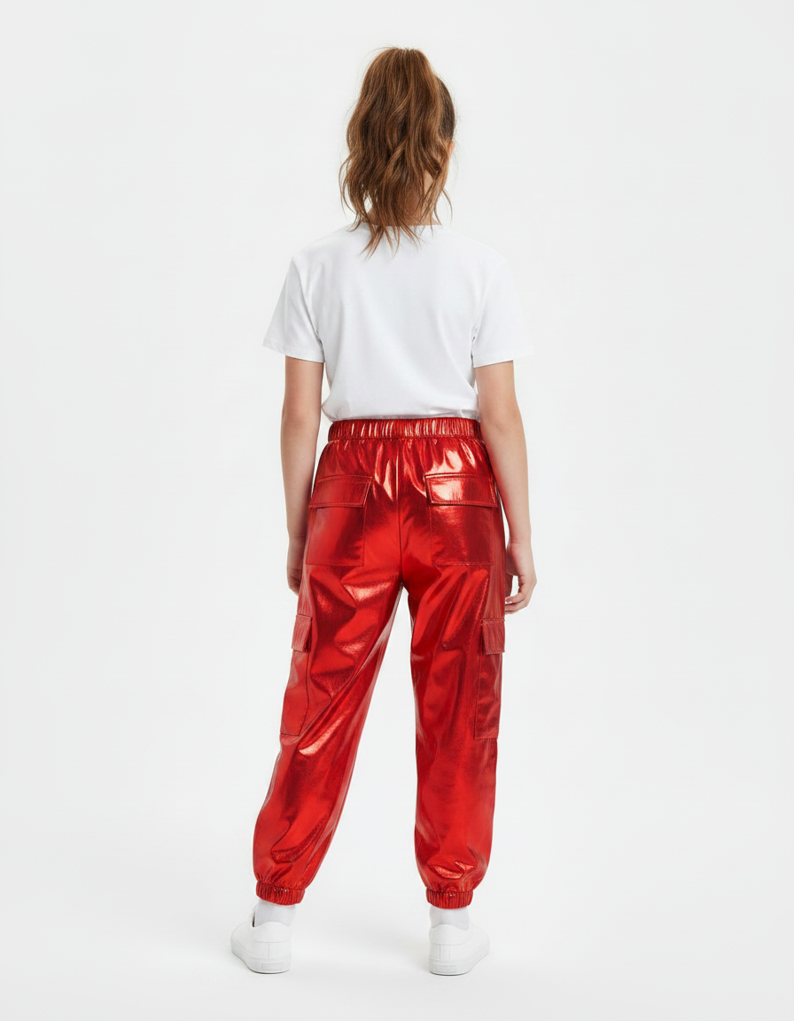 Pantalon Parachute Rouge Métallisé Cargo Brillant Enfant - Polyester - vue 2