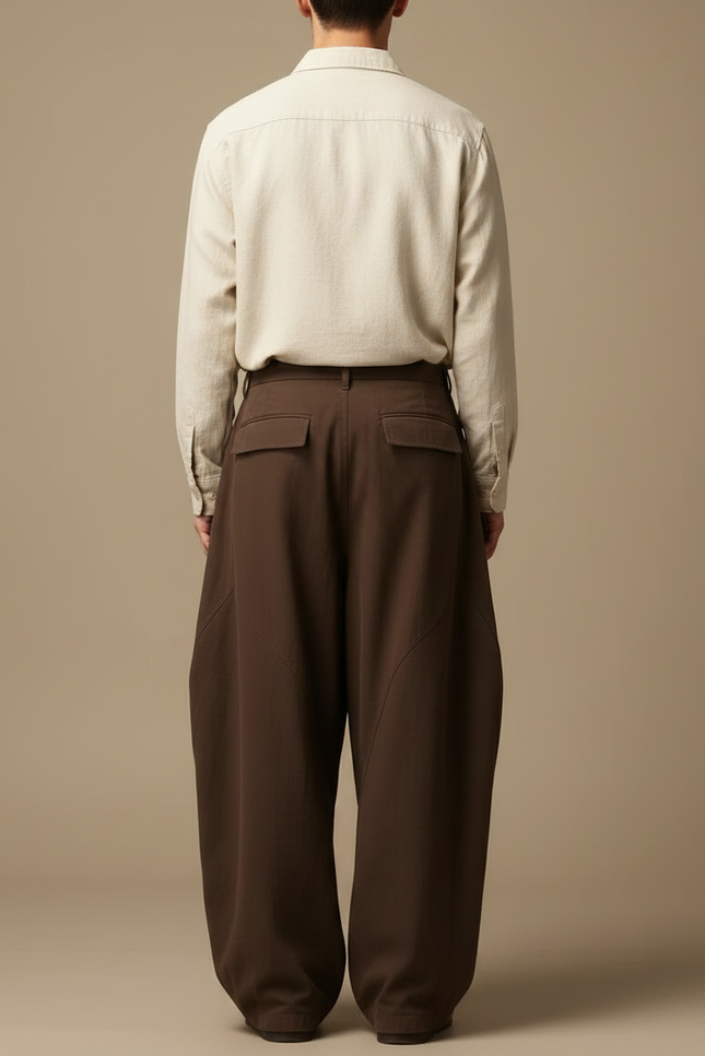 Pantalon Parachute Marron Ample Plissé Homme Décontracté - Toile - vue 2