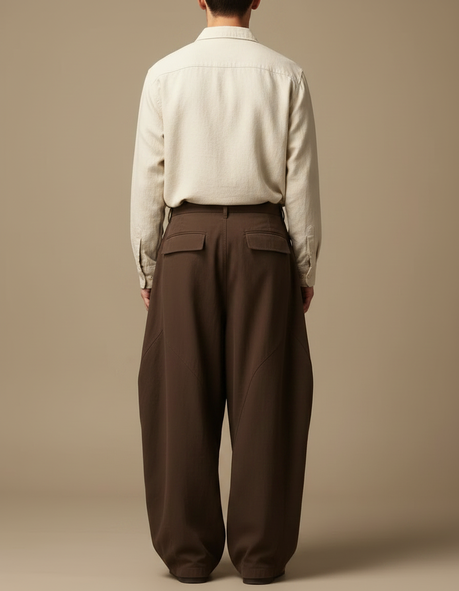 Pantalon Parachute Marron Ample Plissé Homme Décontracté - Toile - vue 2