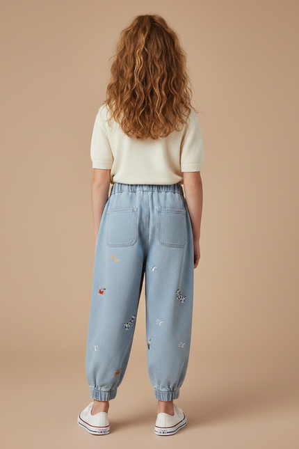 Pantalon Parachute Brodé Chiens Denim Ample Enfant - Bleu Jean - vue 2