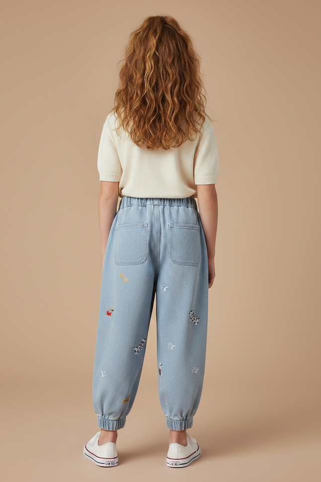 Pantalon Parachute Brodé Chiens Denim Ample Enfant - Bleu Jean - vue 2