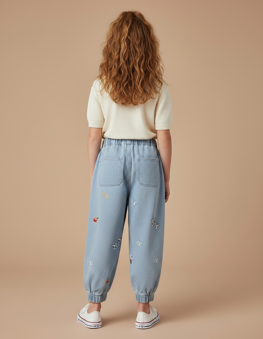 Pantalon Parachute Brodé Chiens Denim Ample Enfant - Bleu Jean - vue 2