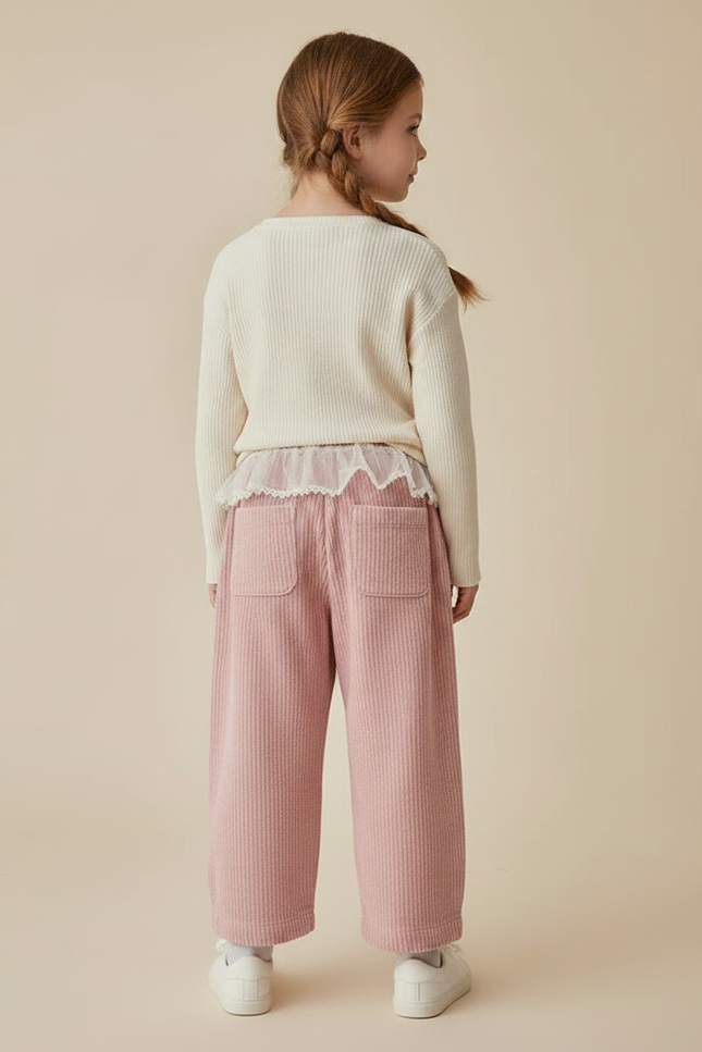 Pantalon Parachute Rose Côtelé Ample Cœur Fille - Cordé - vue 2