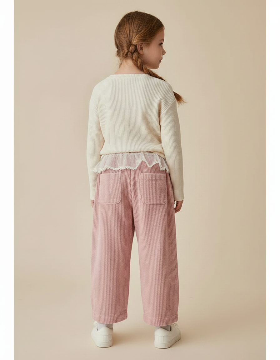 Pantalon Parachute Rose Côtelé Ample Cœur Fille - Cordé - vue 2