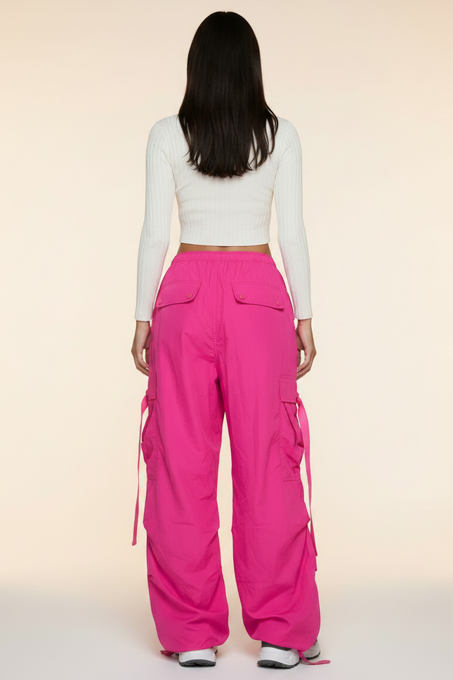 Pantalon Parachute Rose Vif Ample Cargo Streetwear - Polyester - vue 2