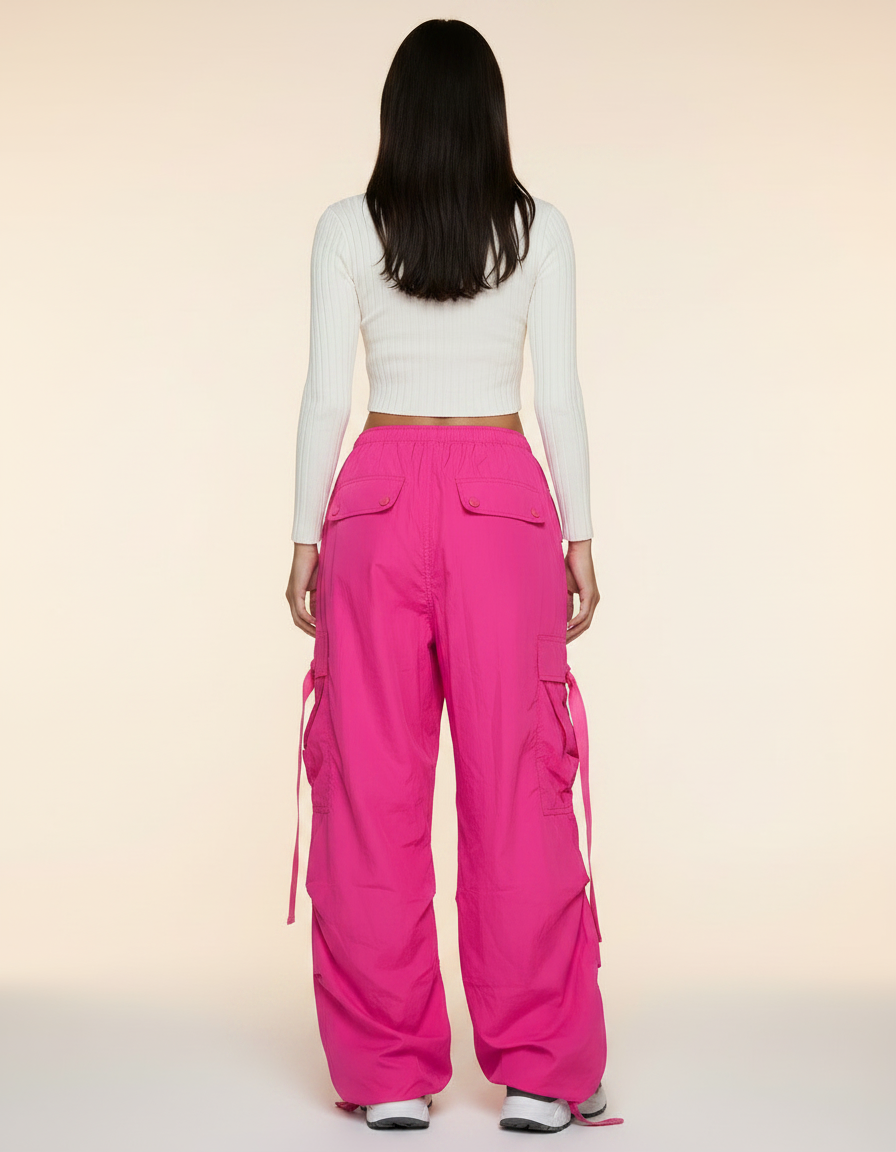 Pantalon Parachute Rose Vif Ample Cargo Streetwear - Polyester - vue 2