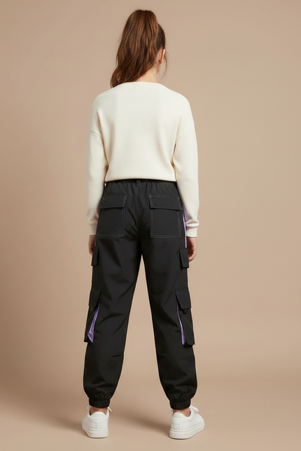 Pantalon Parachute Noir Violet Cargo Ample Femme Streetwear - Polyester - vue 2