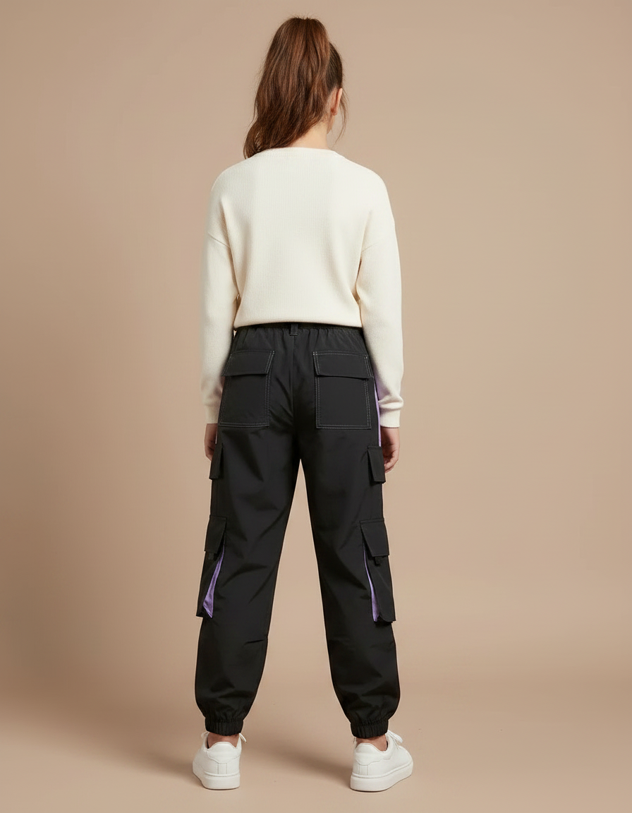 Pantalon Parachute Noir Violet Cargo Ample Femme Streetwear - Polyester - vue 2