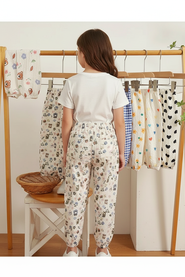 Pantalon Parachute Crème Ample Imprimé Ours Enfant - Beige Coton