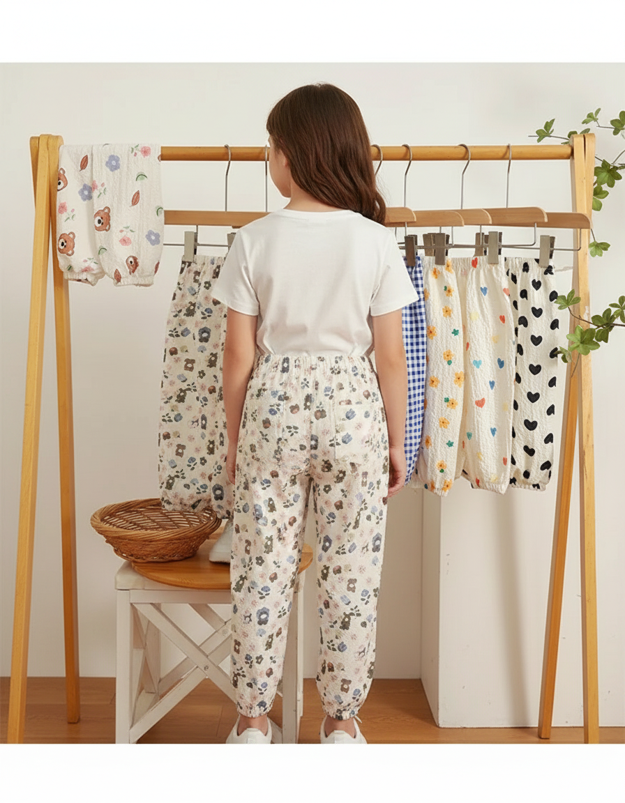 Pantalon Parachute Crème Ample Imprimé Ours Enfant - Beige Coton
