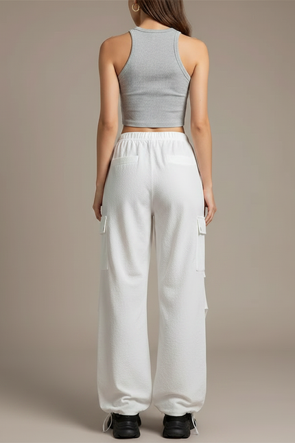 Pantalon Parachute Blanc Ample Cargo Décontracté Cordon - Coton - vue 2