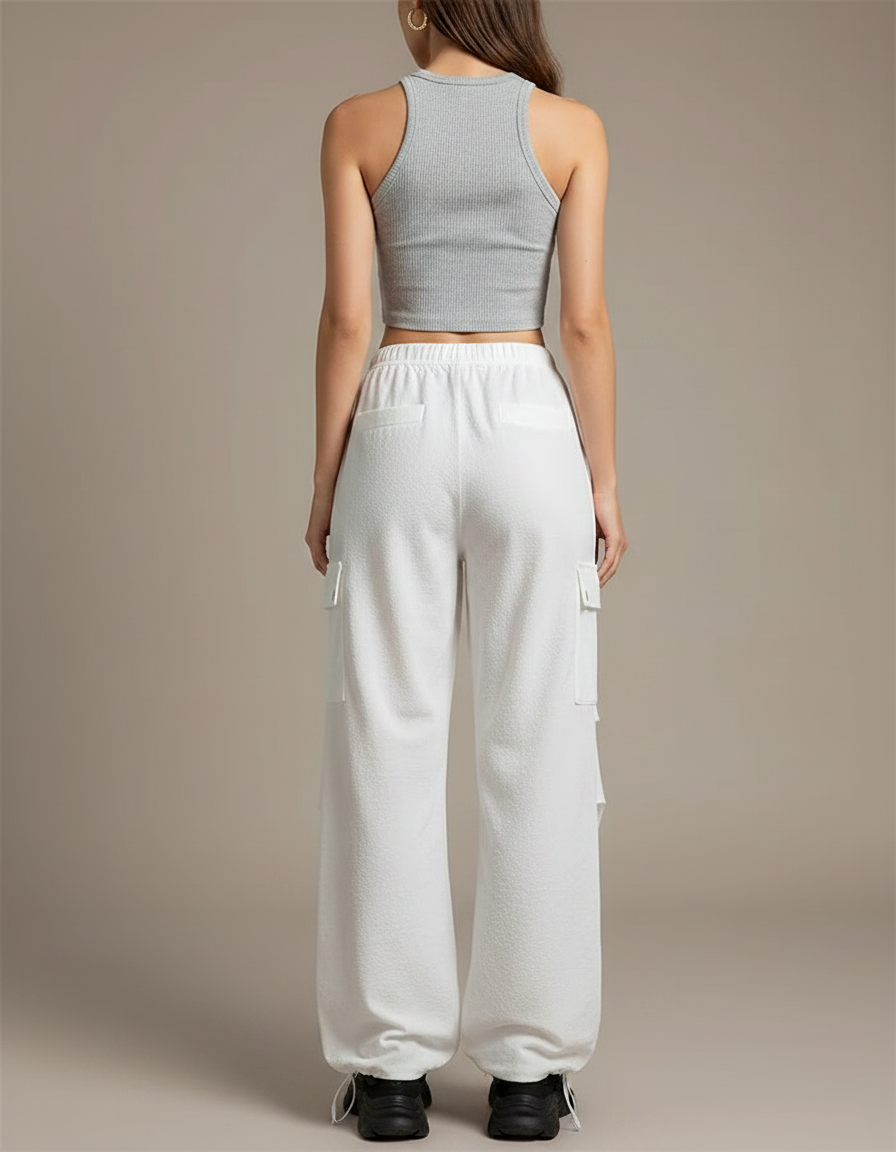 Pantalon Parachute Blanc Ample Cargo Décontracté Cordon - Coton - vue 2