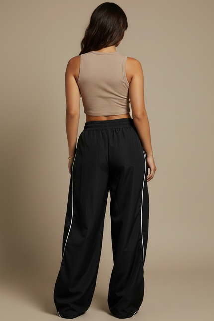 Pantalon Parachute Noir Ample Fluide Rayé Décontracté Femme - Polyester - vue 2