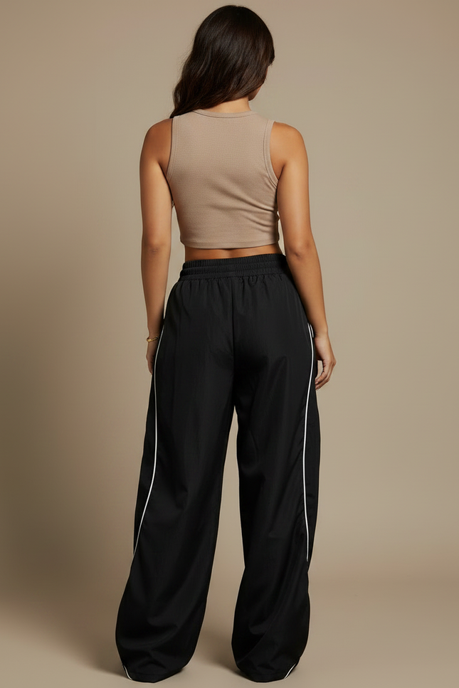 Pantalon Parachute Noir Ample Fluide Rayé Décontracté Femme - Polyester - vue 2