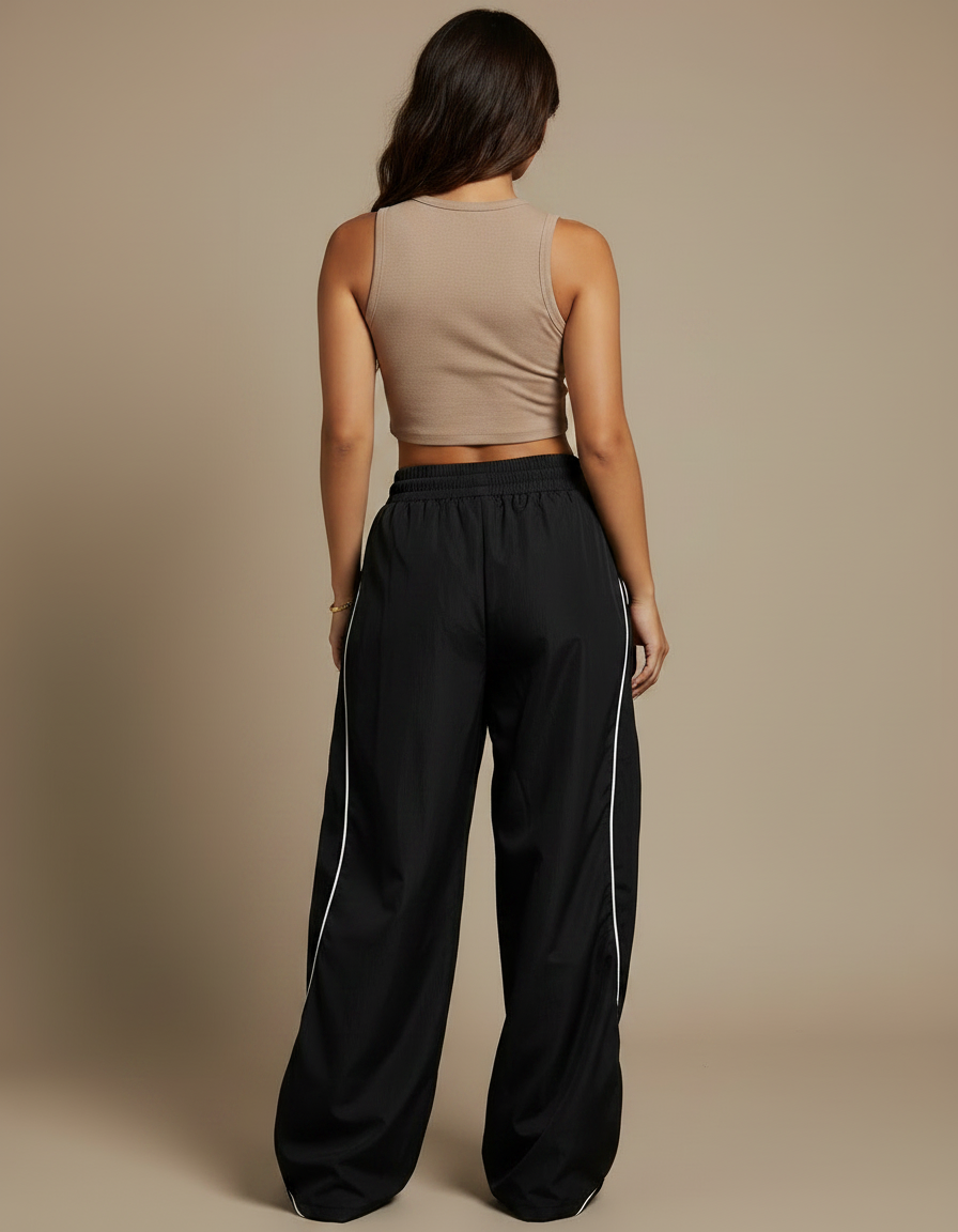Pantalon Parachute Noir Ample Fluide Rayé Décontracté Femme - Polyester - vue 2