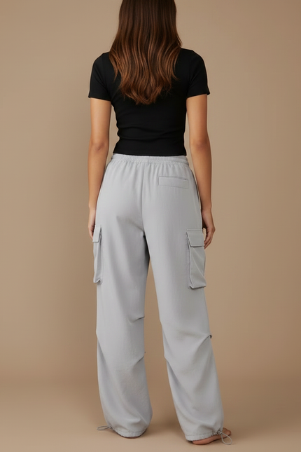 Pantalon Parachute Gris Cargo Fluide Ample Décontracté - Polyester - vue 2