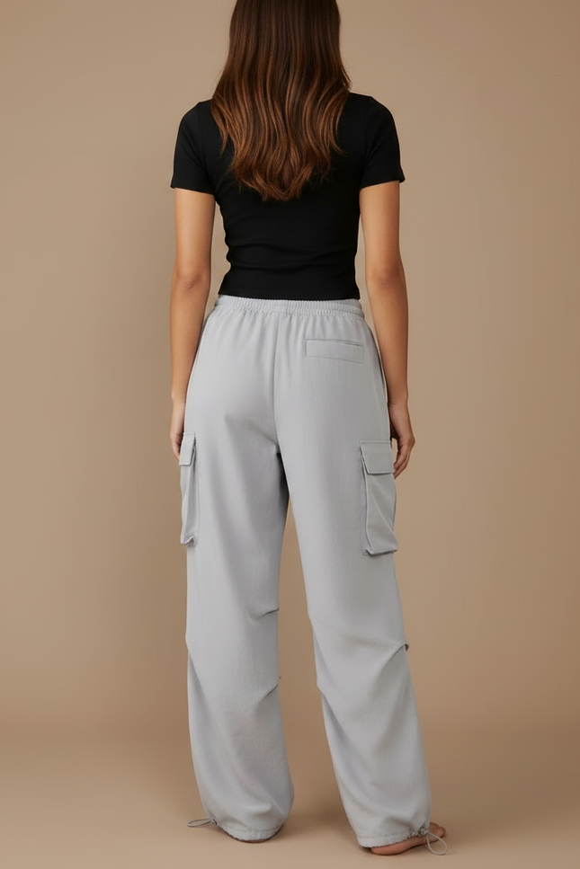 Pantalon Parachute Gris Cargo Fluide Ample Décontracté - Polyester - vue 2