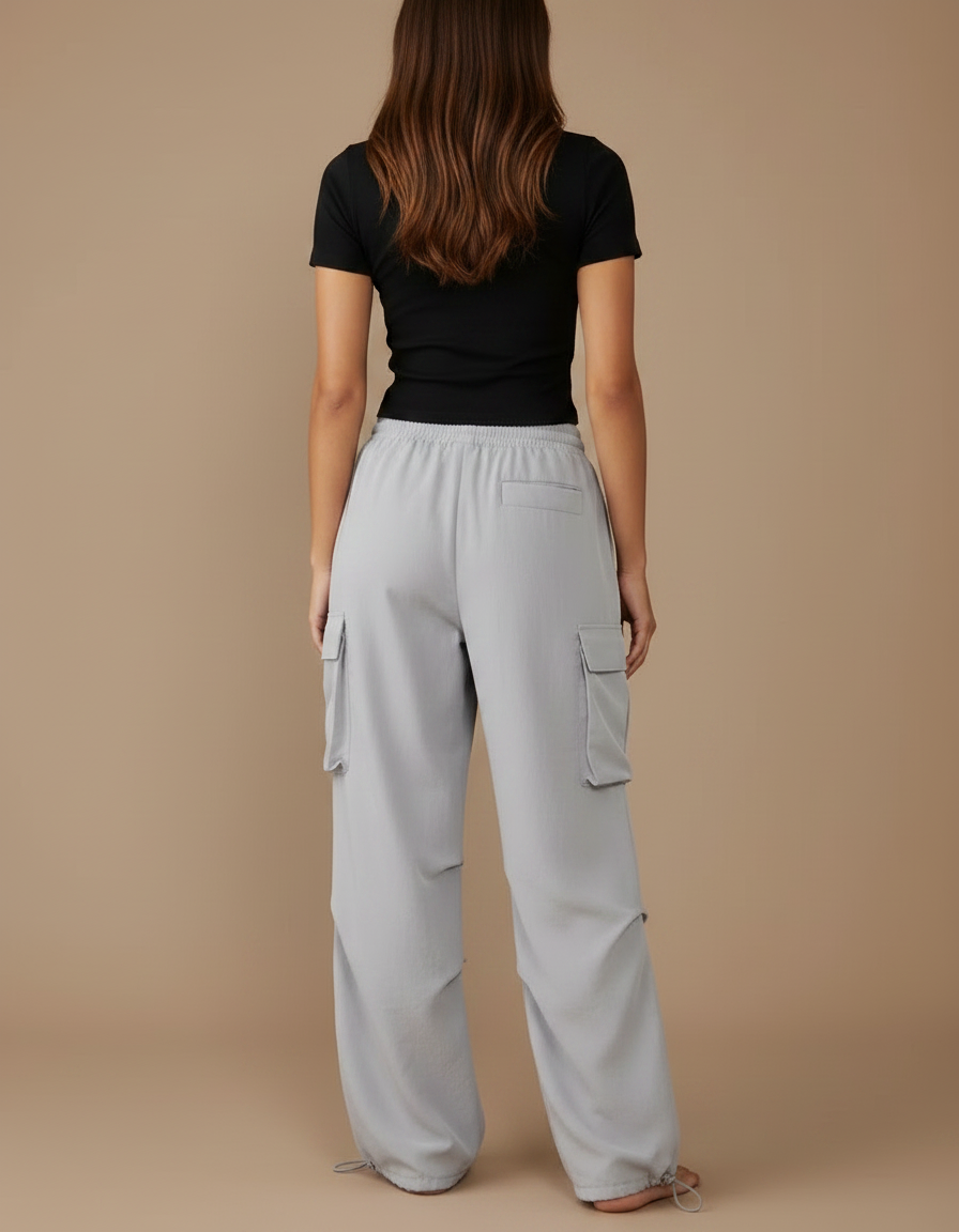 Pantalon Parachute Gris Cargo Fluide Ample Décontracté - Polyester - vue 2