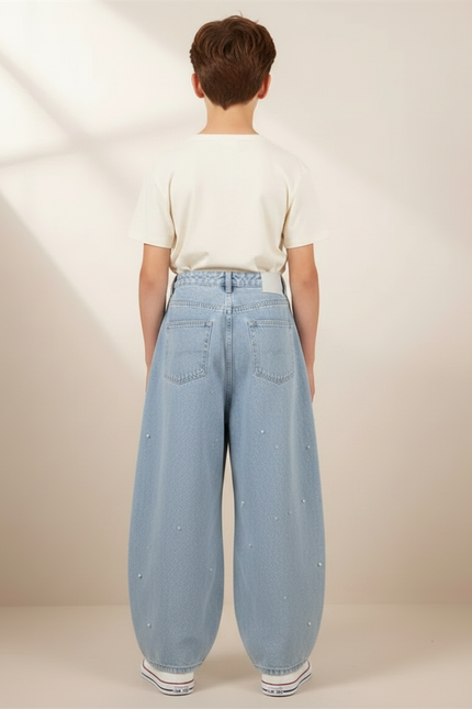 Pantalon Parachute Denim Ample Perles Garçon - Bleu Jean - vue 2