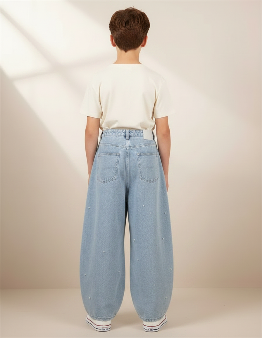 Pantalon Parachute Denim Ample Perles Garçon - Bleu Jean - vue 2