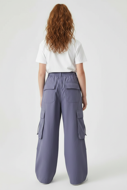 Pantalon Parachute Cargo Ample Fille Décontracté Violet - Polyester - vue 2