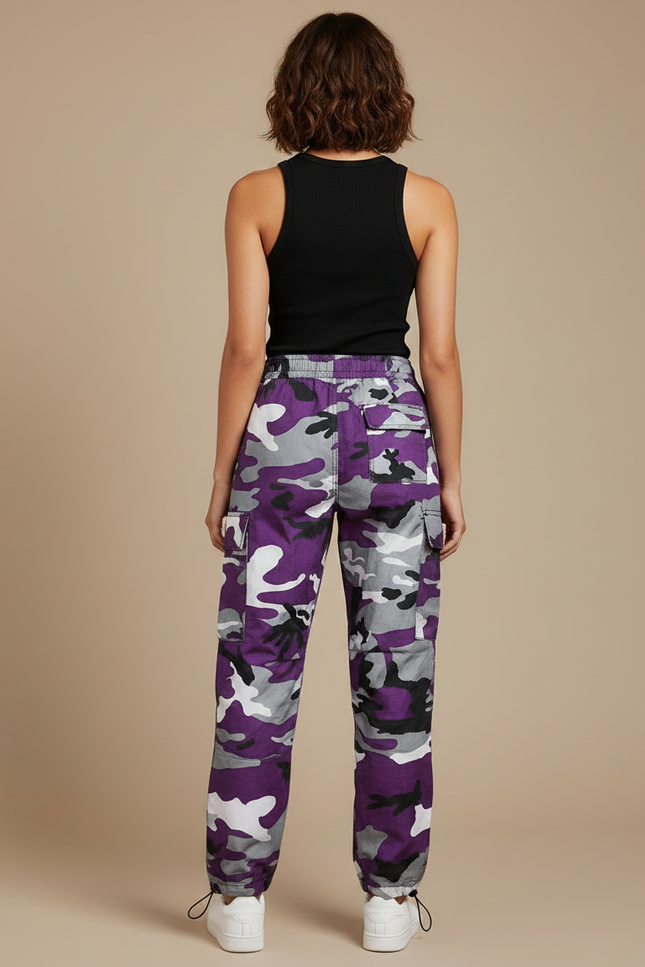 Pantalon Parachute Camouflage Violet Cargo Ample Femme - Polyester - vue 2