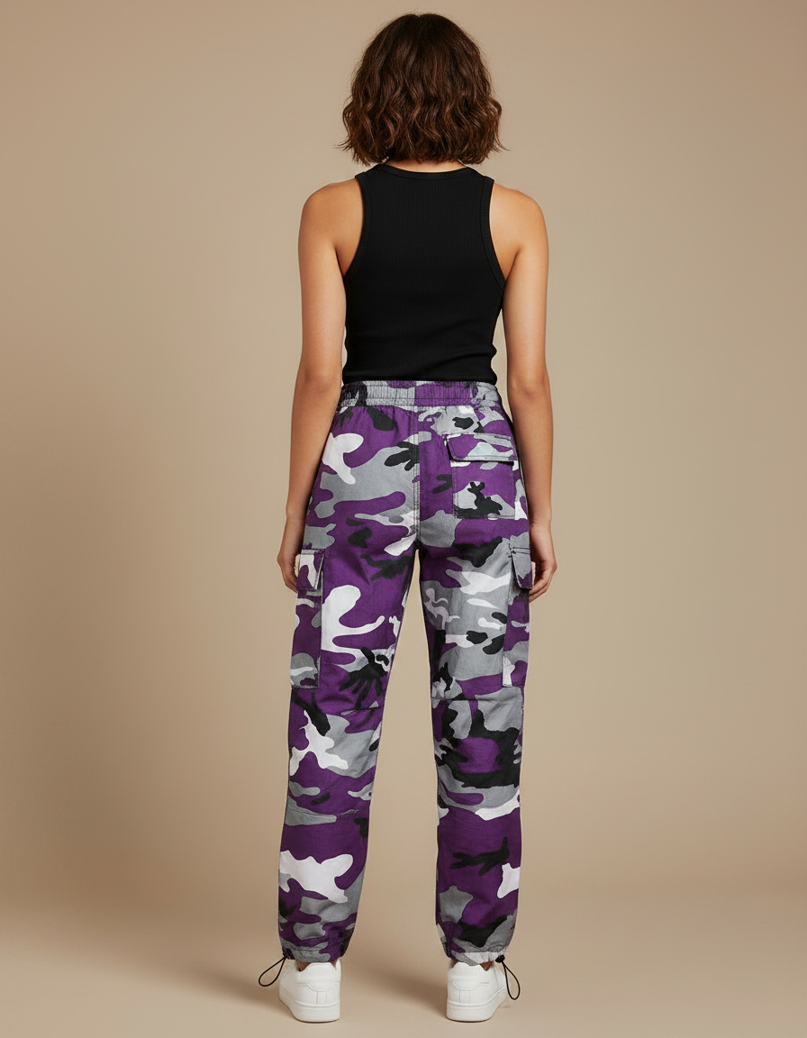 Pantalon Parachute Camouflage Violet Cargo Ample Femme - Polyester - vue 2