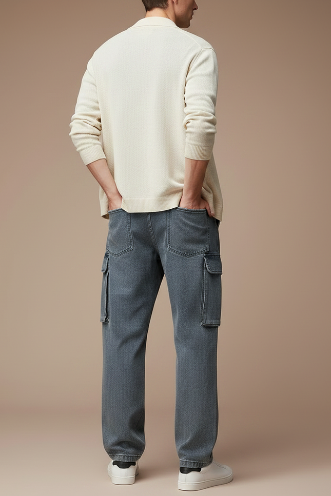 Pantalon Parachute Cargo Denim Ample Décontracté Homme - Bleu Jean - vue 2