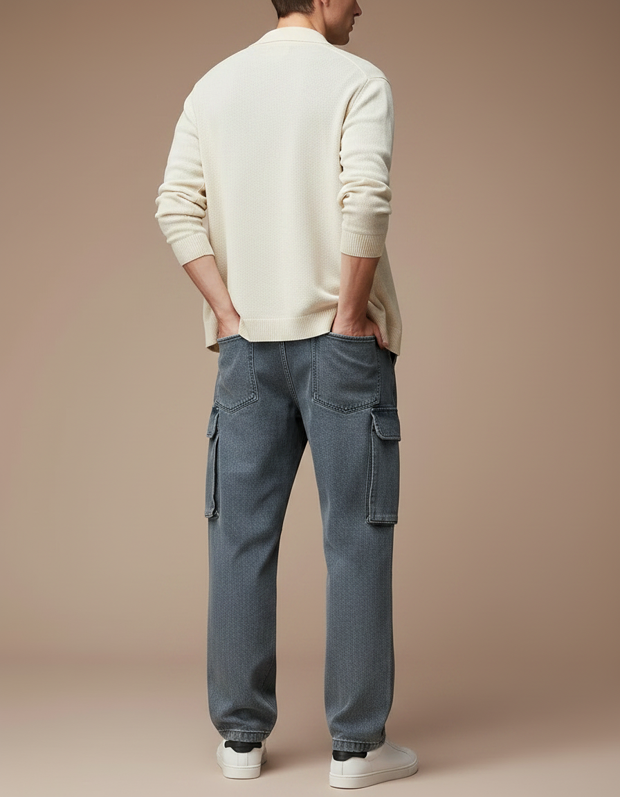 Pantalon Parachute Cargo Denim Ample Décontracté Homme - Bleu Jean - vue 2