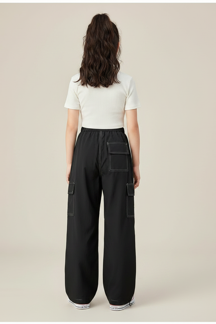 Pantalon Parachute Noir Ample Cargo Coutures Contrastées Fille - Polyester - vue 2