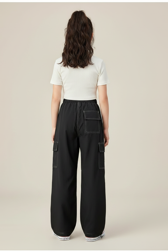Pantalon Parachute Noir Ample Cargo Coutures Contrastées Fille - Polyester - vue 2
