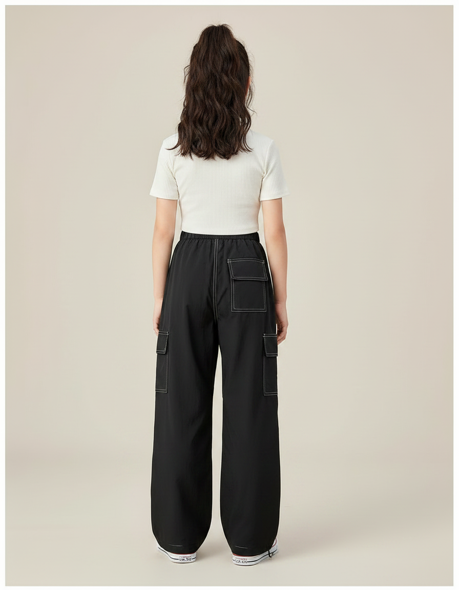 Pantalon Parachute Noir Ample Cargo Coutures Contrastées Fille - Polyester - vue 2