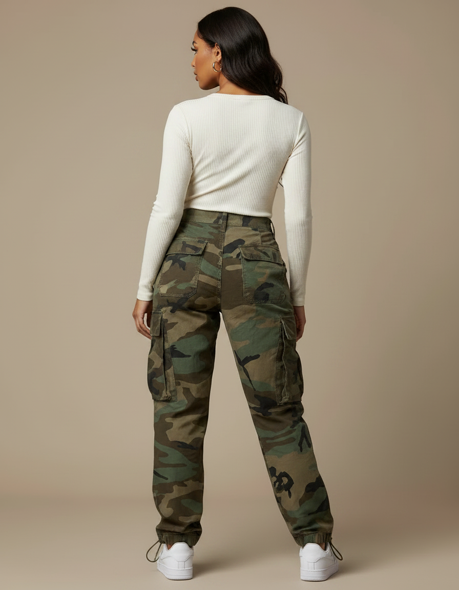 Pantalon Parachute Femme Kaki Cargo - Imprimé Toile - vue 2