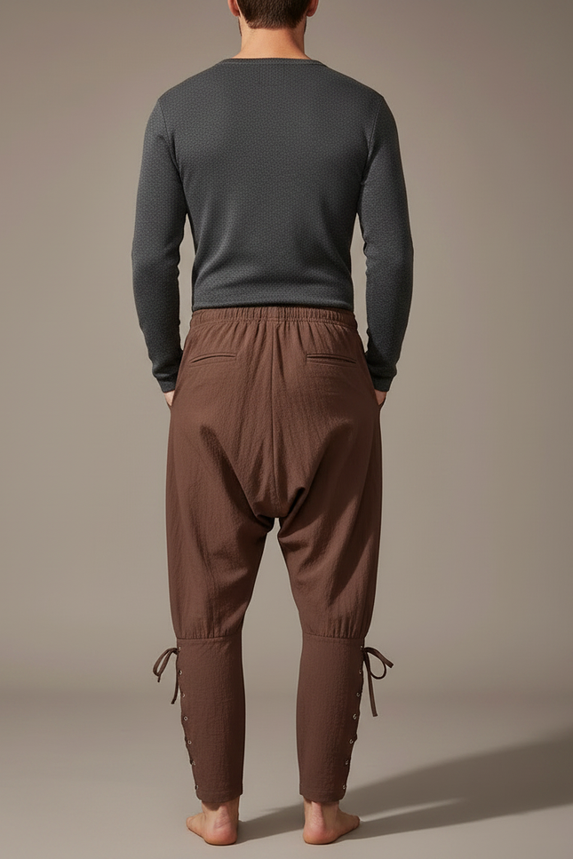 Pantalon Parachute Marron Coton Ample Lacets Homme Médiéval - vue 2