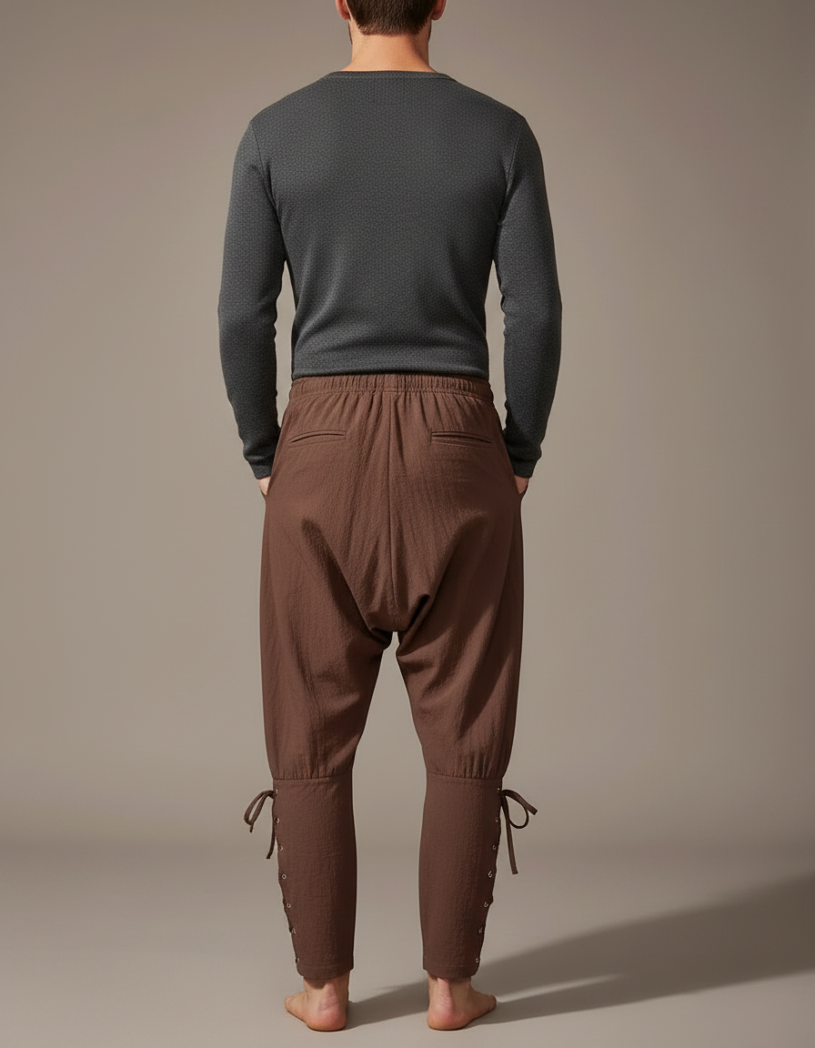 Pantalon Parachute Marron Coton Ample Lacets Homme Médiéval - vue 2