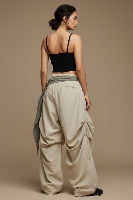 Pantalon Parachute Beige Ample Cargo Cordon Streetwear Femme - Polyester - vue 2