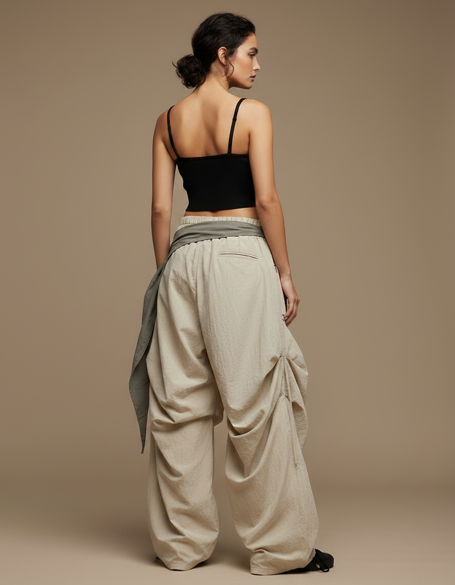 Pantalon Parachute Beige Ample Cargo Cordon Streetwear Femme - Polyester - vue 2
