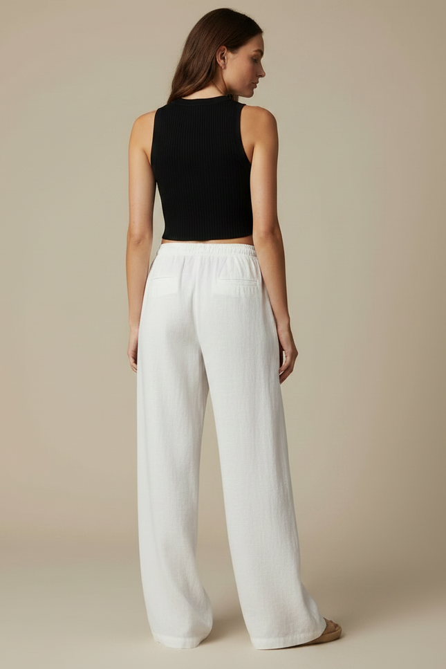 Pantalon Parachute Blanc Lin Ample Fluide Décontracté - vue 2