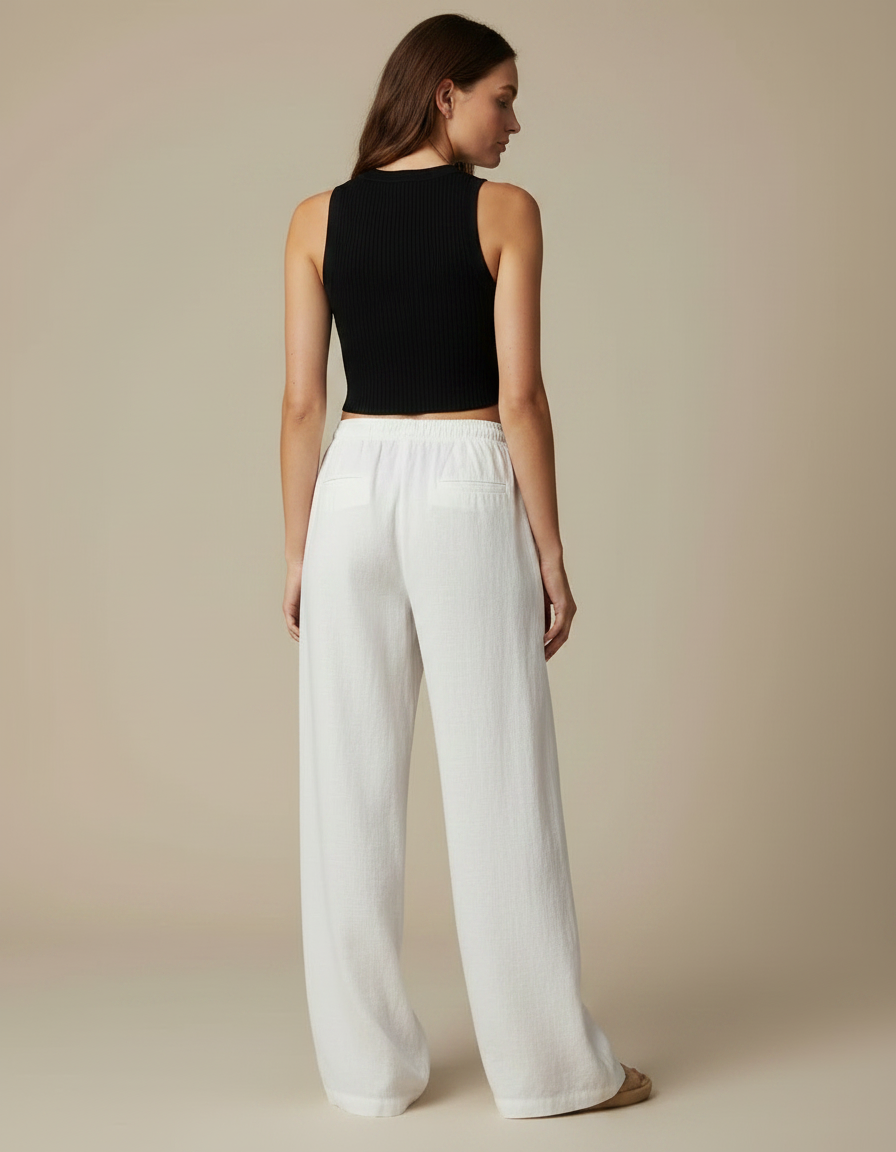 Pantalon Parachute Blanc Lin Ample Fluide Décontracté - vue 2